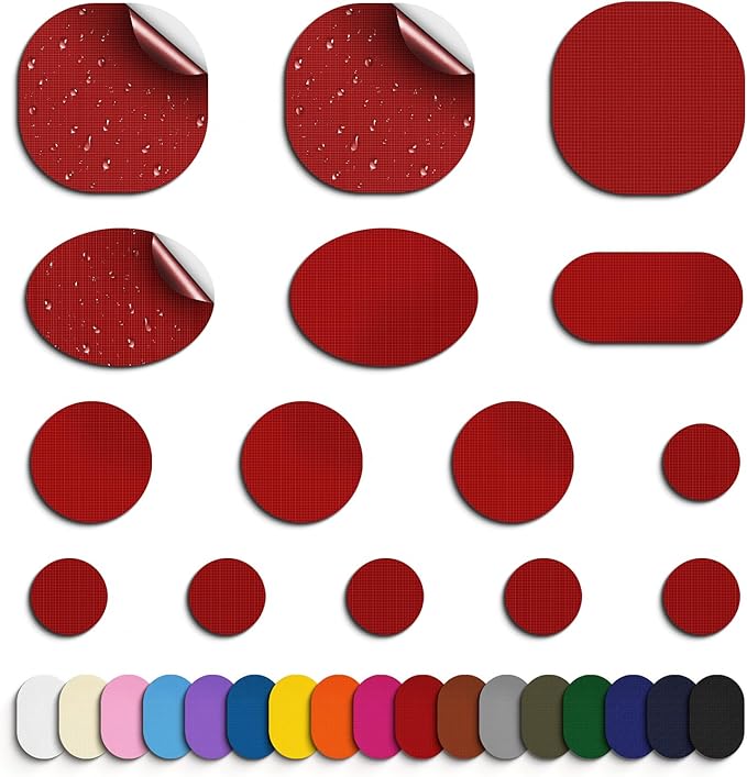 Self-Adhesive Nylon Patches Tent Repair Kit – Outdoor Gear Tenacious Repair Tape, Waterproof Fabric Patches for Clothes, Tent, Down Jacket, Backpack (45pcs, Red