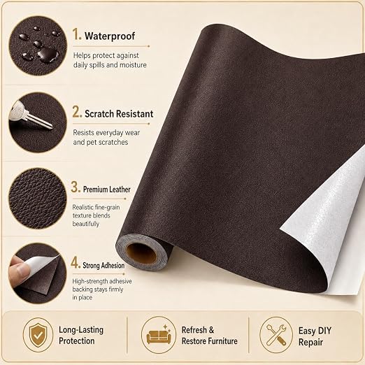 Self Adhesive Leather Repair Patch 24x54 Inch Sofa Car Seat Strong Adhesive | YAWQIRV Strong Self Adhesive Patch, Leather Repair Kit and Vinyl Repair Kit, Waterproof Scratch Fix, Durable, Dark Brown
