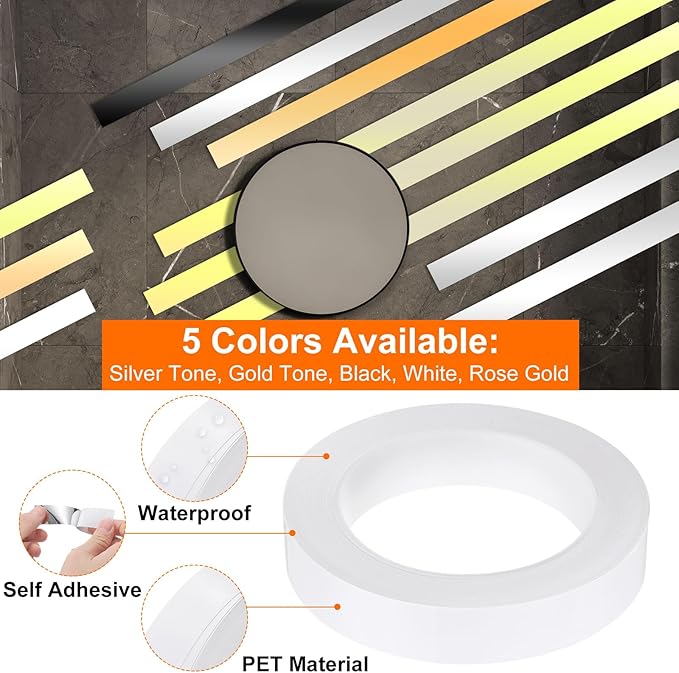 HARFINGTON 2Pcs Floor Tiles White Foil Lines Metallic Mirror Tape 0.79" x82 Ft Ft Self Adhesive Decor Floor Wall Seam Sticker Waterproof Gap Sealing Tape for Kitchen Bathroom Cabinet