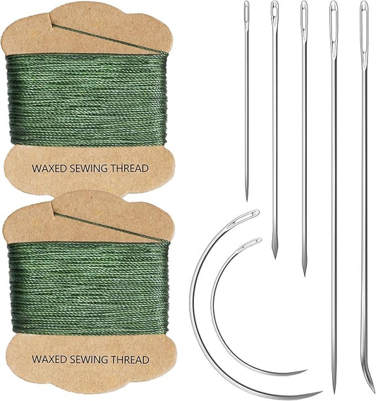 Upholstery Repair Kit: Extra Strong Waxed Sewing Thread 2 Rolls （Army Green） &Heavy Duty Household Hand Needles (7 PCS) for Leather, Canvas, Bookbinding & Quilting Thread