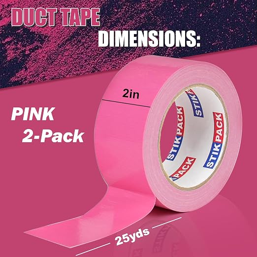 2 Rolls Pink Duct Tape, Heavy Duty Strong Industrial Colored Duct Tape 9mil x 2inch x 25yds Flexible, No Residue, Waterproof and Tear by Hand, Multi-Use for Indoor & Outdoor Repairs
