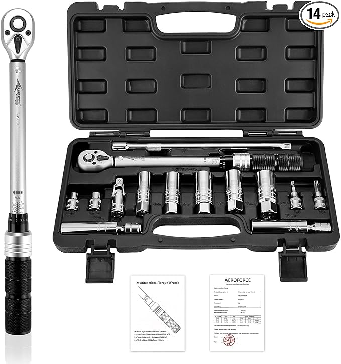 AEROFORCE 14PCS 3/8-Inch Drive Swivel Magnetic Spark Plug Socket Set with 3/8'' Torque Wrench (5-45 Lb.ft/6.8-61.2 Nm), Universal Joint & Extension Bar - Durable CR-V Steel for Easy Spark Plug Removal