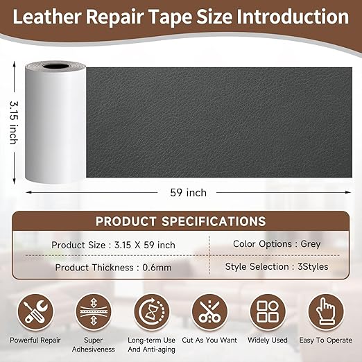 Leather Repair Tape, self-Adhesive Leather Repair Patch, for car seat Repair, Suitable for Sofas, Furniture, Seats, Strong Adhesive Leather Repair Tape (Gray, 3.15 x 59in)