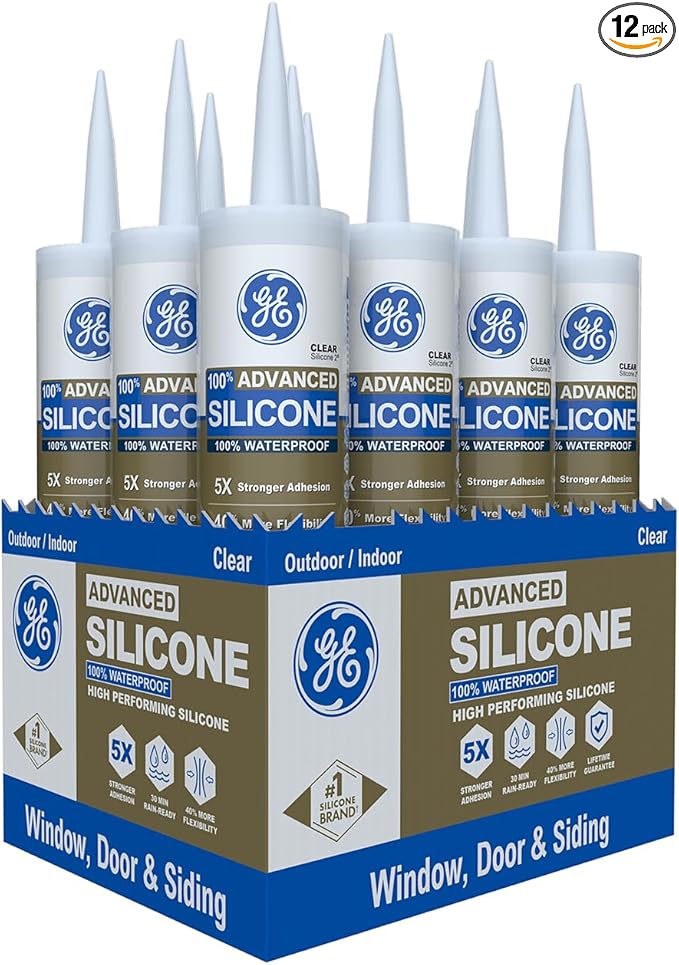 GE Advanced Silicone Caulk for Window & Door, Clear, 10 fl oz Cartridge, 12 Pack - 100% Waterproof Silicone Sealant, 5X Stronger Adhesion, Shrink & Crack Proof