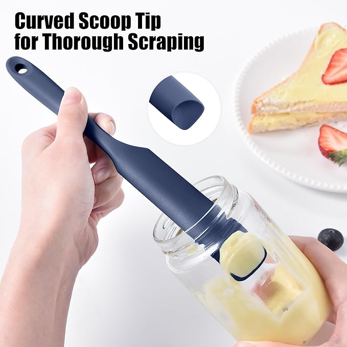 Doosu Silicone Jar Scraper Spatula, 600°F Heat Resistant Rubber Scraping Tool for Jam Nut Butter Sourdough, Flexible Skinny Cream Spreader Long Slim Kitchen Spurtle for Jar Blender Bottle (Navy Blue)