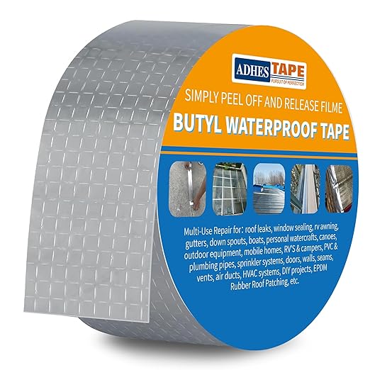 ADHES Butyl Tape Waterproof Tape, 2in x 16ft Aluminum Foil Tape, Butyl Sealant Tape for RV Repair, Window, Boat and Pipe Sealing, Glass & EDPM Rubber Roof Patching(Model:RAY100-2,Glue Color:Grey)