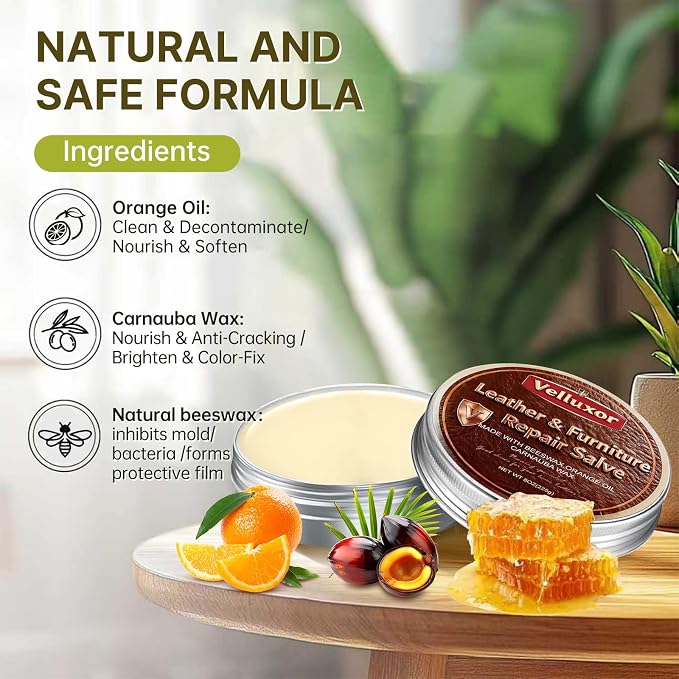 Furniture Salve for Leather (8oz), Polisher, Moisturizer and Restorer for Couches and Furniture - Conditioner for Leather, Wood, Bags, Car Seats, Jackets, Vinyl, Leather Repair Salve