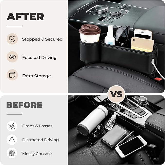 Universal Fit Car Seat Gap Filler Organizer, Premium Leather Console Organizer with Cup Holder, Easy Access to Phone Keys Glasses Wallet, Gifts for Car SUV Truck Owners, Black, 2 Pack