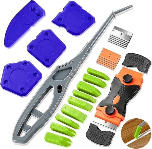 GOOPREEN 16pcs Silicone Caulking Tool Kit-Caulk Finishing Tool with 9 Replaceable Heads, Dual-End Caulk Remover Tool, 4pcs Caulk Smoothing Tool for Kitchen Window Sink Bathtub Toilet Bathroom Caulking