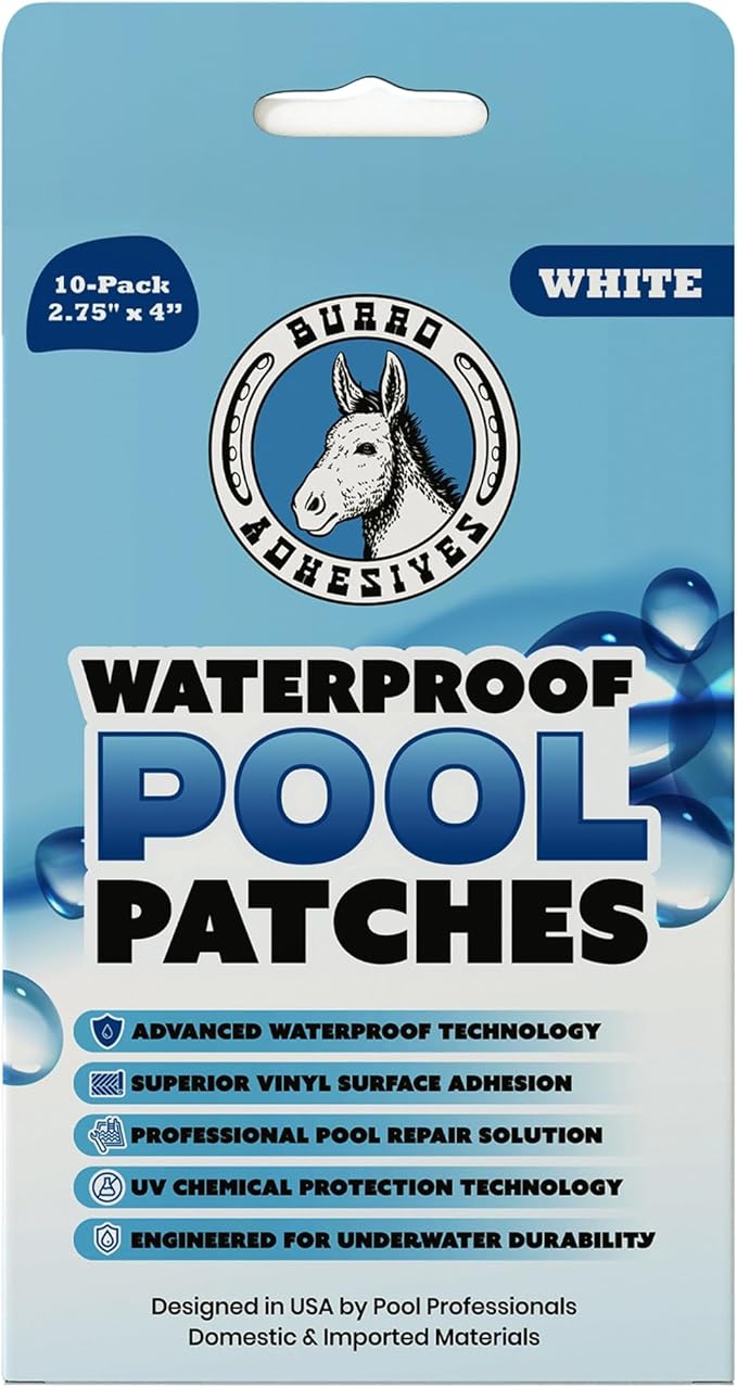 Burro Adhesives 10-Pack Waterproof White Pool Patches - Professional Grade PVC Repair Kit with 2.75" x 4" Heavy Duty Patches for Commercial & Residential Vinyl Liner Pools, Works Underwater & Dry