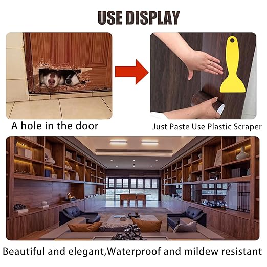 4" X33' Size Realistic Wood Grain Repair Tape, Self Adhesive Wood Grain Repair Patch for Tables, Chairs, Doors, Windows, Floors, Furniture Renovation, Handicraft DIY. With Plastic Scraper. Dark Brown