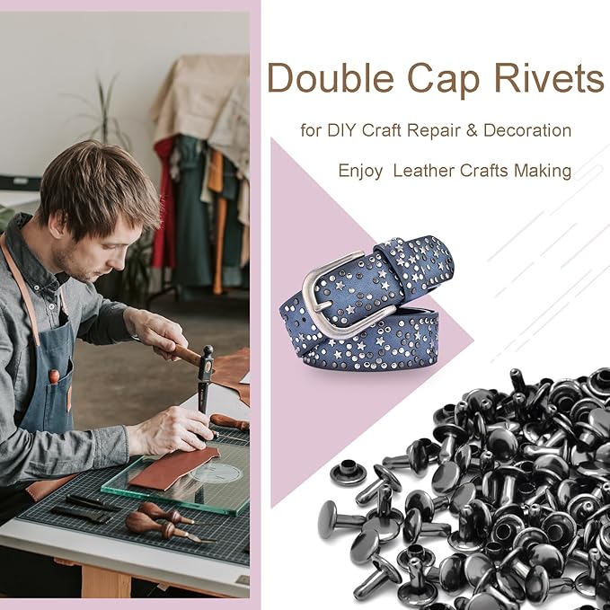 200Sets 8mm Round Double Caps Leather Rivets Metal Tubular Studs for Bags Hats Shoes Clothing Leather DIY Craft Repair and Decoration (Black)