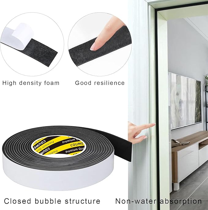 Single-Sided Adhesive EVA Foam Tape 2inX10FT,Black Foam Weather Stripping,Door Seal & Window Insulation Tape,Waterproof Sound Proof Seal Strip for Doors,Windows,Garage Door & Gap Sealing