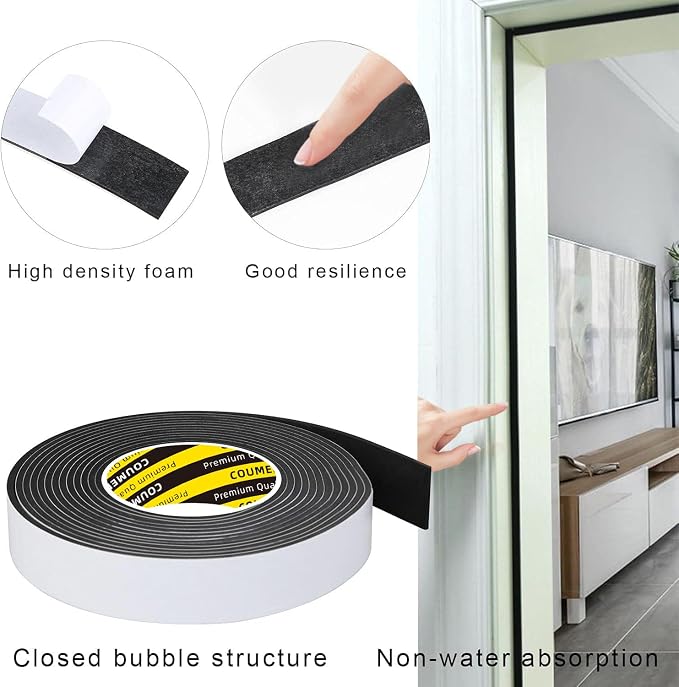 Single-Sided Adhesive EVA Foam Tape 2 Pack 1in x 10FT,Black Foam Weather Stripping,Door Seal & Window Insulation Tape,Waterproof Sound Proof Seal Strip for Doors,Garage Door & Gap Sealing
