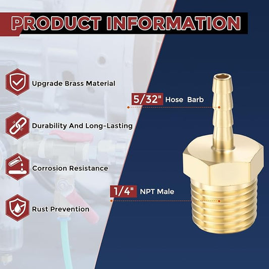 Pack of 4 Brass Hose Barb Fittings Adapter Connector 5/32" Hose Barb to 1/4" NPT Male Fittings for Home Machines, Massage Bathtubs, and Irrigation Systems