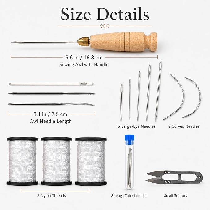 16Pcs Upholstery Repair Sewing Kit, Heavy Duty Leather Sewing Kit with Sewing Awl, Hand Needles, Curved Needles, Scissors and Nylon Thread for Leather Shoes, Sofa, Furniture, Canvas Repair (White)