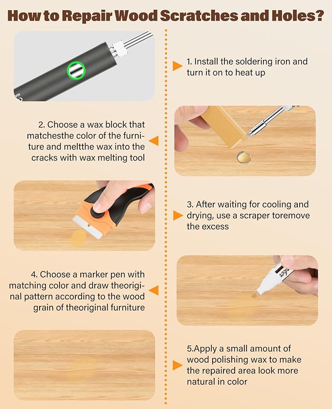 Wood Furniture Repair Kit - Includes Wax Melting Tool with Display, Hard Wax Filler, Marker Pen - Furniture and Countertop Repair Set, Hole for Floor, Table, Door, Cabinet