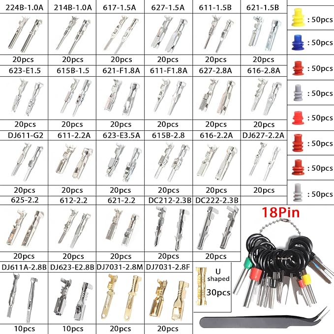 Connector Pins Kit Terminal Pin Automotive Car Electrical 1/1.5/1.8/2.2/2.3/2.5/2.8/3.5mm Male&Female Wire Seals Removal Tool kit Motorcycle ATV Wire Non-Insulated Plug Crimp tools Set