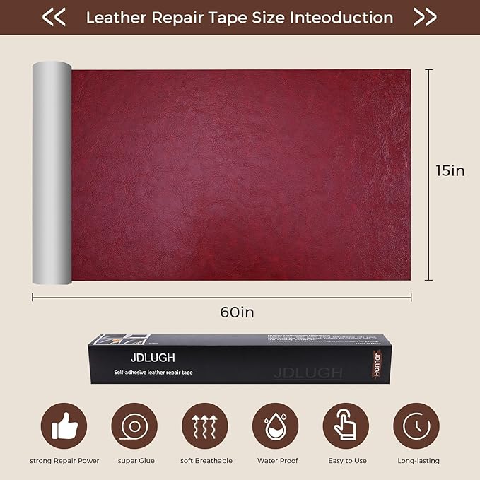 JDLUGH Sofa Leather Repair Patch Tape, Large Self Adhesive Couch, Car Seat, Office Chair, Leather Furniture, Vinyl Repair Patch Kit for Furniture (15x60 Inch, Red Wine)