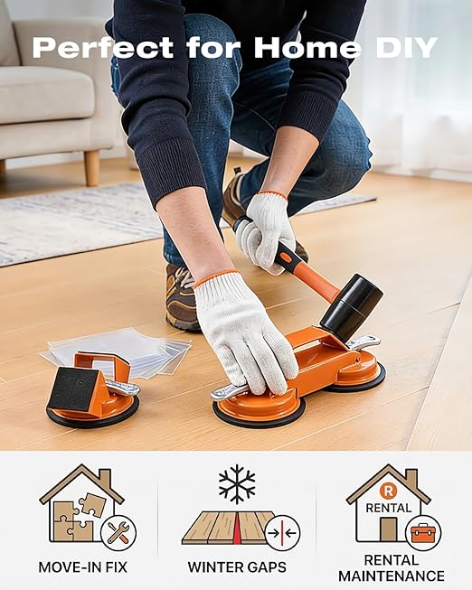 Saker Floor Gap Fixer Tool Kit with Mallet, 20PCS Washable Pads & Gloves, Suction Cup Tool for Laminate Floor Gap Repair, Vinyl Plank & Wood Floors (2 Type Suction Cups+Rubber Mallet)