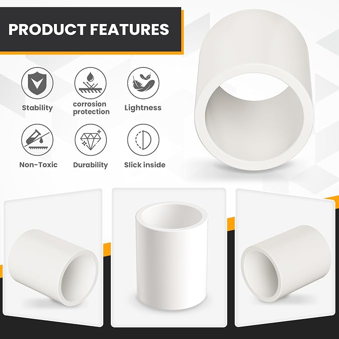1-1/4 Inch PVC Pipe Coupling, White, 20 Pack | Fits 1.66 Inch OD Pipe, SCH40 Socket x Socket Coupler with Center Stop for Sprinkler Repair and DIY Projects