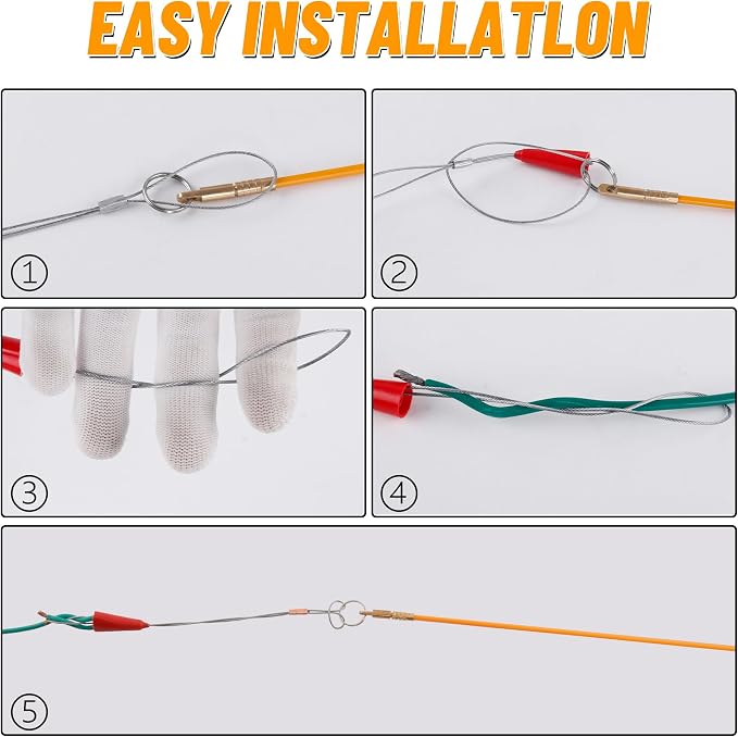 KOOTANS 33FT Fiberglass Running Electrical Wire Cable Glow Rods Wire Pulling Tools Fish Tape Wire Puller Through Wall Cable Snake Fish Rods Kit with Different Attachments