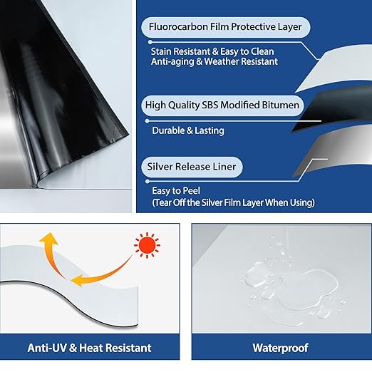 BXI Fluorocarbon Film Asphalt Waterproof Tape, 12 Inches X 32 Feet, Weatherproof Sealing Membrane, Self-Adhesive SBS Modified Bitumen Flashing Sealant Patch, Seam Leak for Roof Window Driveway Repair