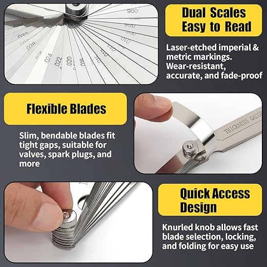 2pcs Feeler Gauges Set Stainless Steel, 32 Straight & 16 Angled Blades, Dual Marked SAE/Metric Wider Range Spark Plug Gap Tool, Filler Gauges Kit for Valves, Automotive, Piston, Guitar