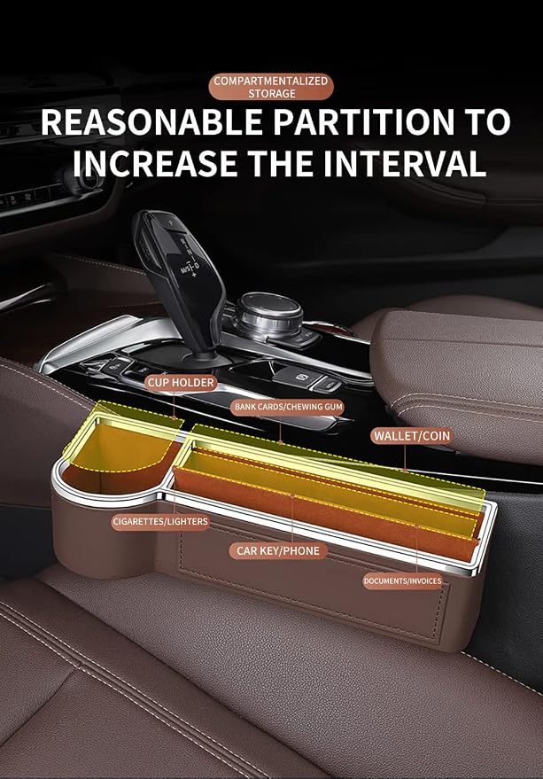 SANRILY Brown Universal Car Seat Gap Filler Organizer with USB Hole Fashion PU Leather Multifunctional Car Center Console Organizer with Cup Holder 1 Pack