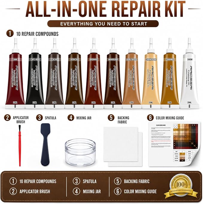 ARCSSAL Brown Leather & Vinyl Repair Kit with 10-Color Matching, DIY Couch & Car Seat Repair, Restore Scratches Tears & Cracks on Genuine Faux Bonded Leather Sofa Furniture