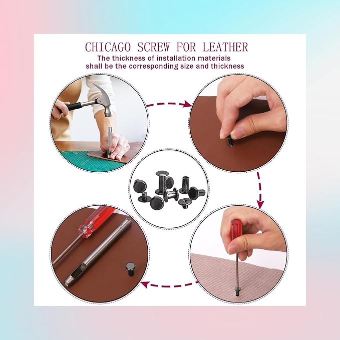 160Sets Chicago Screws with Hole Puncher and Screwdriver Leather Rivet Assorted，10 Sizes of Screw Rivets Chicago Screws for Decorate and Repair Leather Craft Belt Bag Shoes Purse Bookbinding