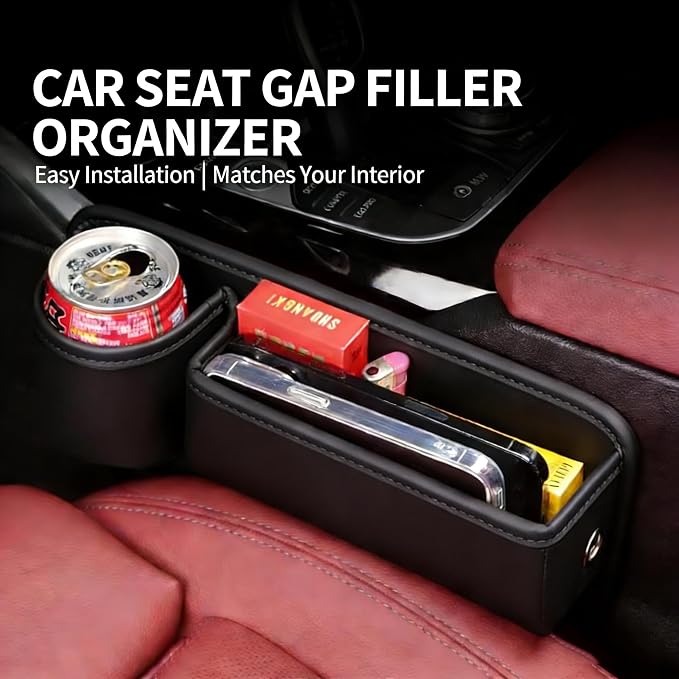 Car Seat Gap Filler Organizer, PU Leather Car Accessories Organizer, for Front Seat,Console Organizer for Phone, Keys and Small Items, It has a cup holder and a long storage slot.（Driver side)