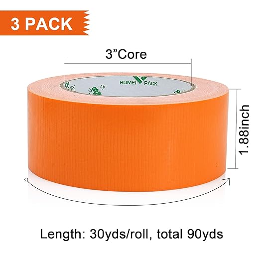 BOMEI PACK Orange Duct Tape, 3Rolls Heavy Duty Strong Industrial Color Duct Tape 9mil x 1.88inch x 30yds for Packing and Repairing