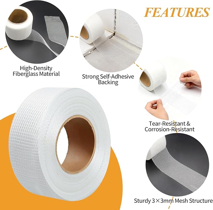 Drywall Joint Tape, 2 Inch x 164 Ft Self Adhesive Drywall Tape, Wall Patch Repair Roll, Fiberglass Mesh Tape for Drywall Repair, Wall Cracks and Ceiling Gaps