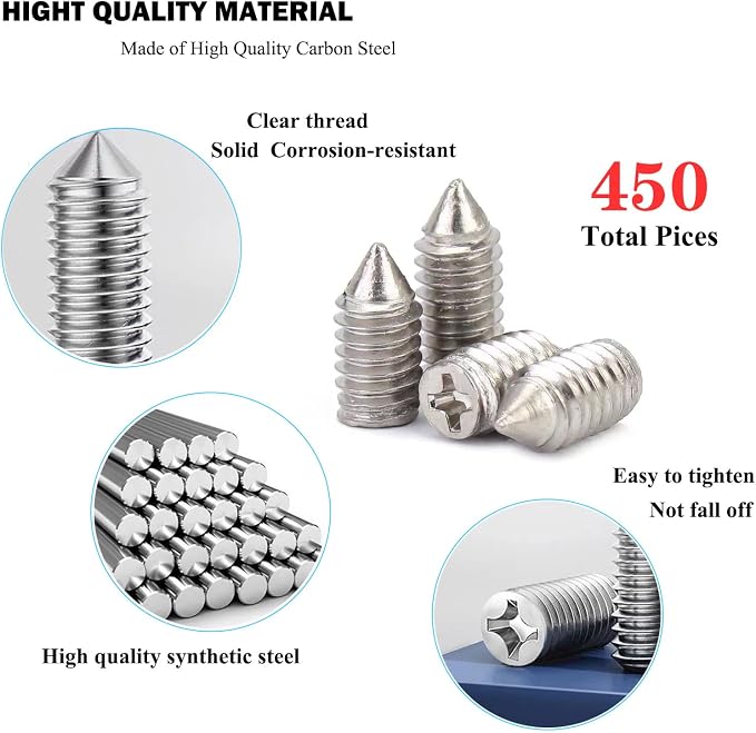 450 Pcs Nickel Plated Tip Screws Pointed Cross Slot Leather Accessories 3 Colors 5 Sizes Belt Screws Include M2x3，M2.5x4，M2.5x6，M3x5，M3x8 with 2mm Screwdriver for Belt Buckle Wallet Handbag Purse