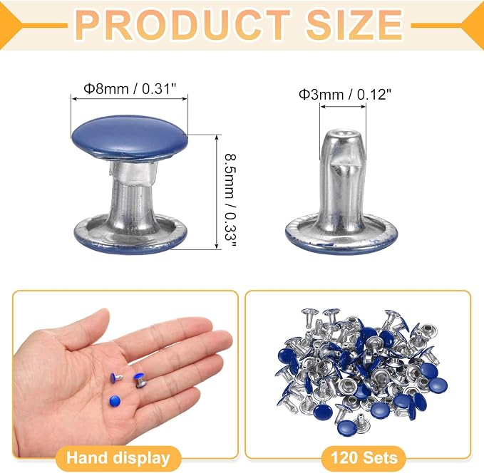 uxcell 120Set Leather Rivets, 8mm Double Cap Rivet Tubular Metal Studs Repairs Decoration Craft Accessories for Repair Decorate Leather Craft Belt Bag Shoes Purse Belts, Deep Blue
