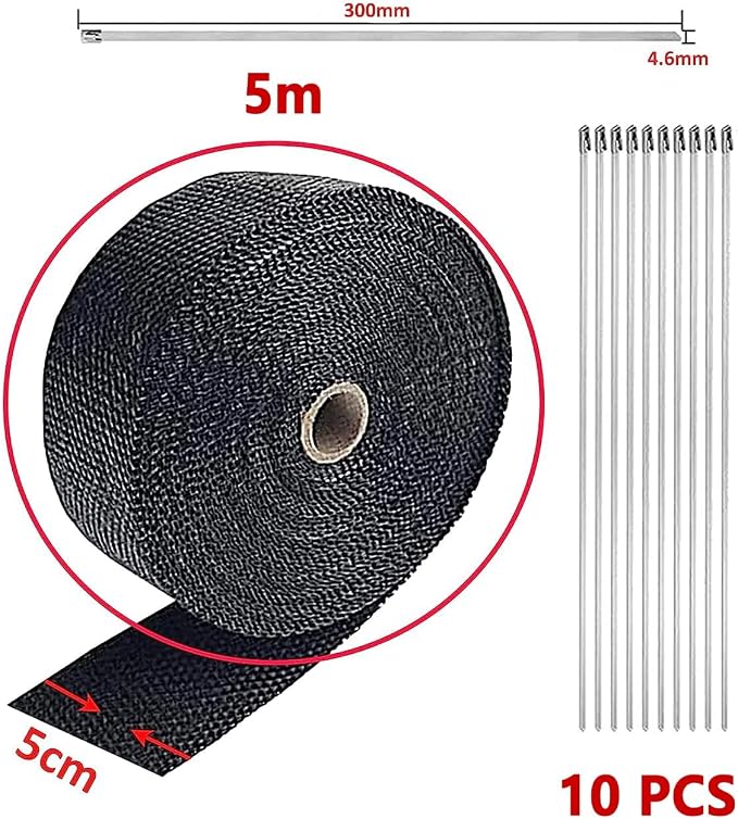 Deecam Exhaust Heat Wrap, 2'' x 16.5' Black Fiberglass Heat Resistant Exhaust Wrap Roll for Motorcycle, Car Exhaust Pipe Heat Insulation Muffler Tape with 10 Stainless Locking Ties