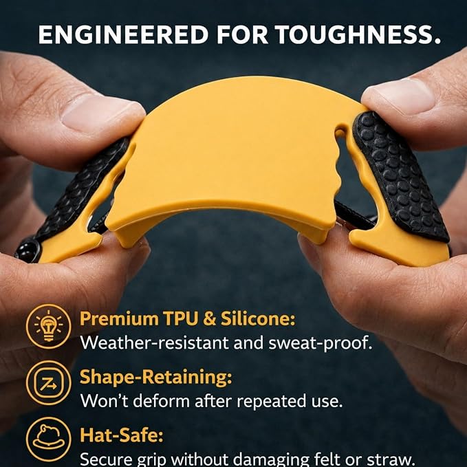 Cowboy Hat Retainer, Silicone Hat Size Reducer Rodeo | hard sweatband fit, leather band compatibility, hidden interior grip, wind control, felt and straw styles, rider accessory