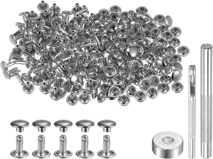 HARFINGTON 100 Sets Leather Rivets 8 x 7mm Metal Double Cap Rivet Snaps Studs Fasteners with 3pcs Setting Tools Rivets for Leather Craft DIY Repair Decoration, Silver Tone