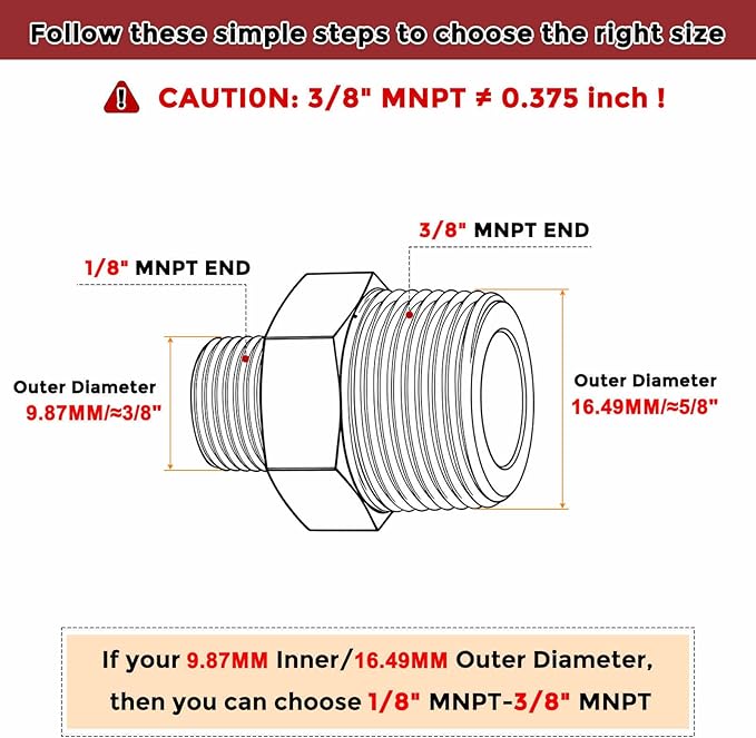Pack of 3, 3/8" Male NPT to 1/8" Male NPT Solid Brass Hex Nipple Hose Connectors, Male Pipe Adapter for Pipe Leak Repair, Bathroom Remodeling, Tool Extensions, Compression