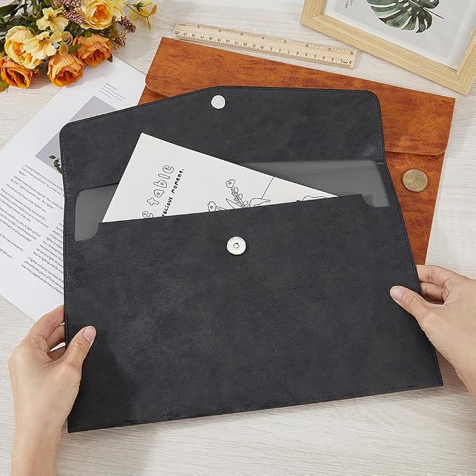 A4 PU Leather File Holder Document Folder Black Thin Waterproof Portfolio Filing Envelope Oragnizer Pocket Storage Case with Snap Closure for Receipt Contract Stationery Tablet