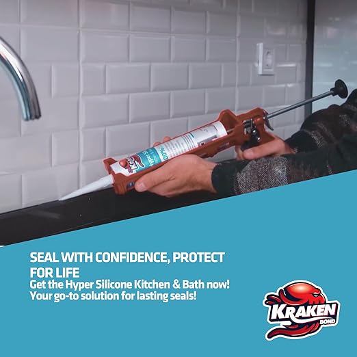 Kraken Bond Hyper Clear Caulking Sealant - (12x10.1 Fl. Oz) Fast Curing 100% Silicone Neutral for Kitchen & Bathroom, Bathtub, Shower and Sink, Low Odor, Waterproof, Anti Shrink Caulking, 12 Pack