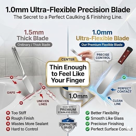 5-Piece Essential Caulk Spatula Set with Wooden Handle | 5-piece caulking finishing tool kit with 1.0mm ultra-flexible stainless steel scraper, canvas bag for sinks, windows,corners