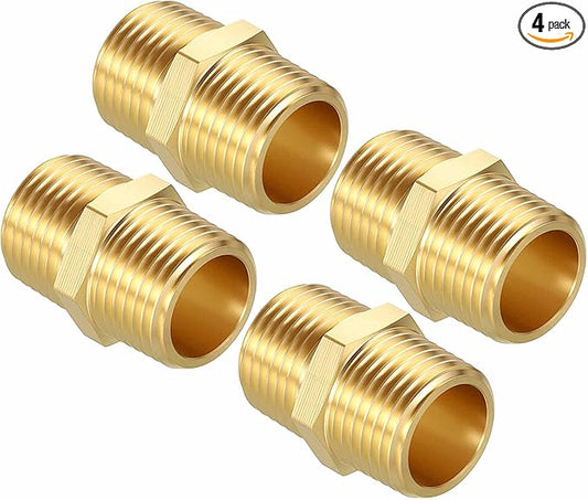 Pack of 4, 1/2" MNPT To 1/2" MNPT Solid Brass Hex Nipple Hose Connectors W/Sealing Tapes, Male Pipe Adapter for Pipe Leak Repair, Bathroom Remodeling, Tool Extension, Compression