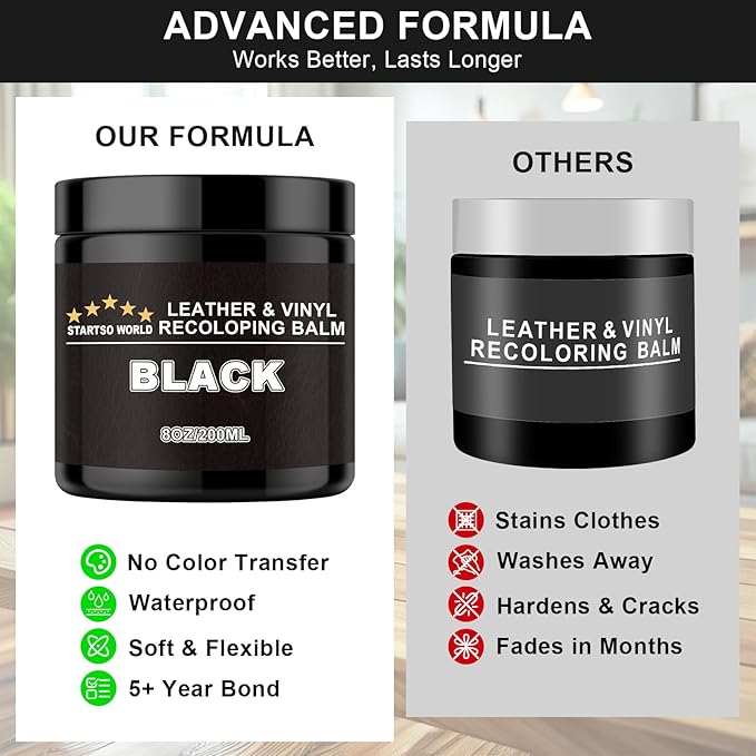 STARTSO WORLD Leather Recoloring Balm, Black Leather Repair Kit for Furniture, Leather Dye, Leather Color Restorer for Couches, Leather Couch Paint | Repair, Restore Faded & Scratched Leather