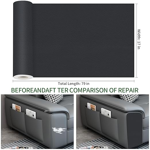 Leather Repair Patch 17X79 inch Large Self-Adhesive Leather Repair Tape Kit, Reupholster Leather Patches for Furniture Couch Chairs Car Seat (Black, 17x79 inch)