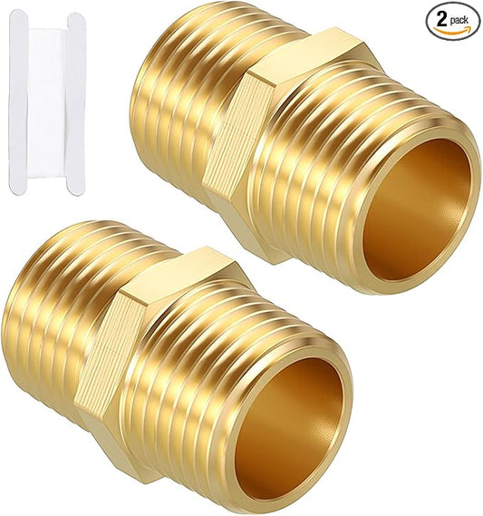 Pack of 2, 1/2" MNPT To 1/2" MNPT Solid Brass Hex Nipple Hose Connectors W/Sealing Tapes, Male Pipe Adapter for Pipe Leak Repair, Bathroom Remodeling, Tool Extension, Compression