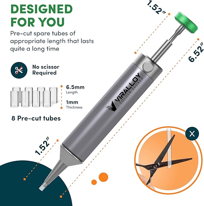 Solder Sucker Tool No Clog Silicone-Tip Manual Desoldering Pump Soldering Accessories for Solder Remover – Unrivaled Suction • No Power Needed • Ultra Low-Maintenance • Best-in-Class Desoldering Gun