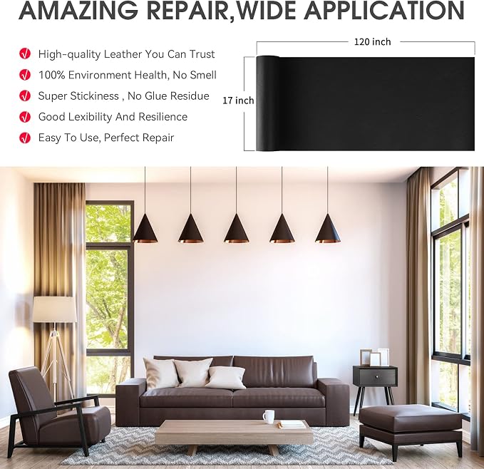 Leather Repair Patch,Self Adhesive Leather Repair Tape, Large Leather Pathces for Couches, Furniture, Car Seats, Chairs (Black, 17X120 inch)
