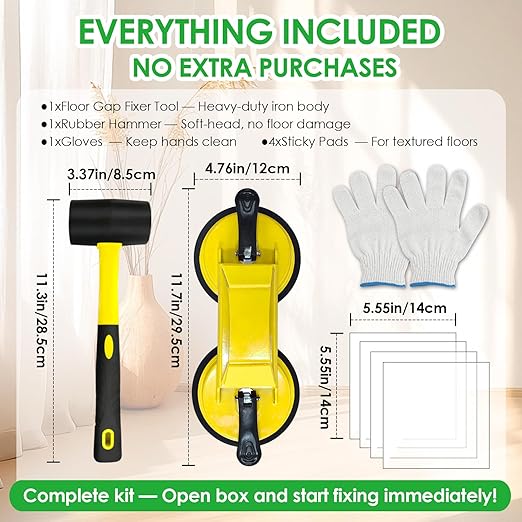 Floor Gap Fixer Tool for Laminate Floor Gap Repair, Heavy Duty Dual Suction Cups with 45° Striking Surface, Includes Rubber Mallet, Sticky Pads & Gloves for Vinyl Plank, LVP & Hardwood